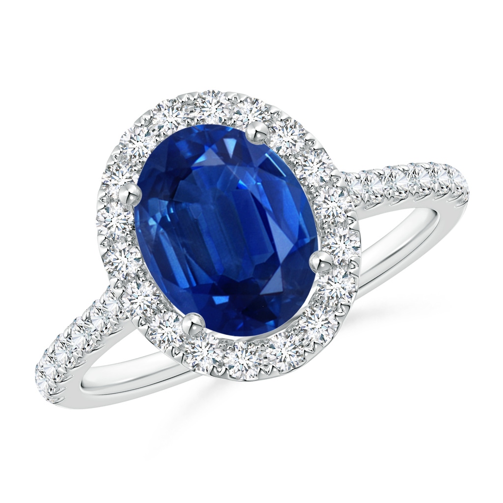 9x7mm AAA Oval Sapphire Halo Ring with Diamond Accents in White Gold