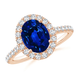 9x7mm AAAA Oval Sapphire Halo Ring with Diamond Accents in 9K Rose Gold