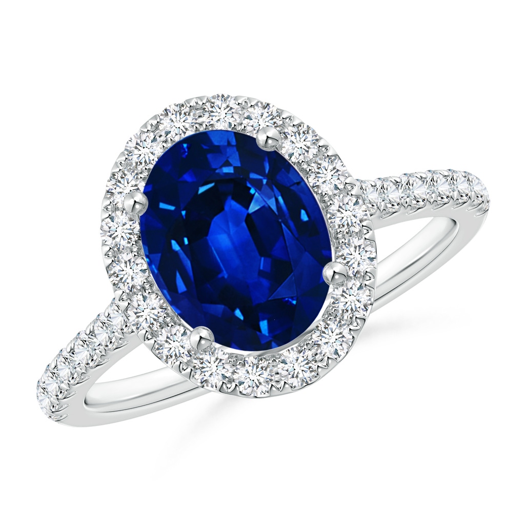 9x7mm AAAA Oval Sapphire Halo Ring with Diamond Accents in White Gold