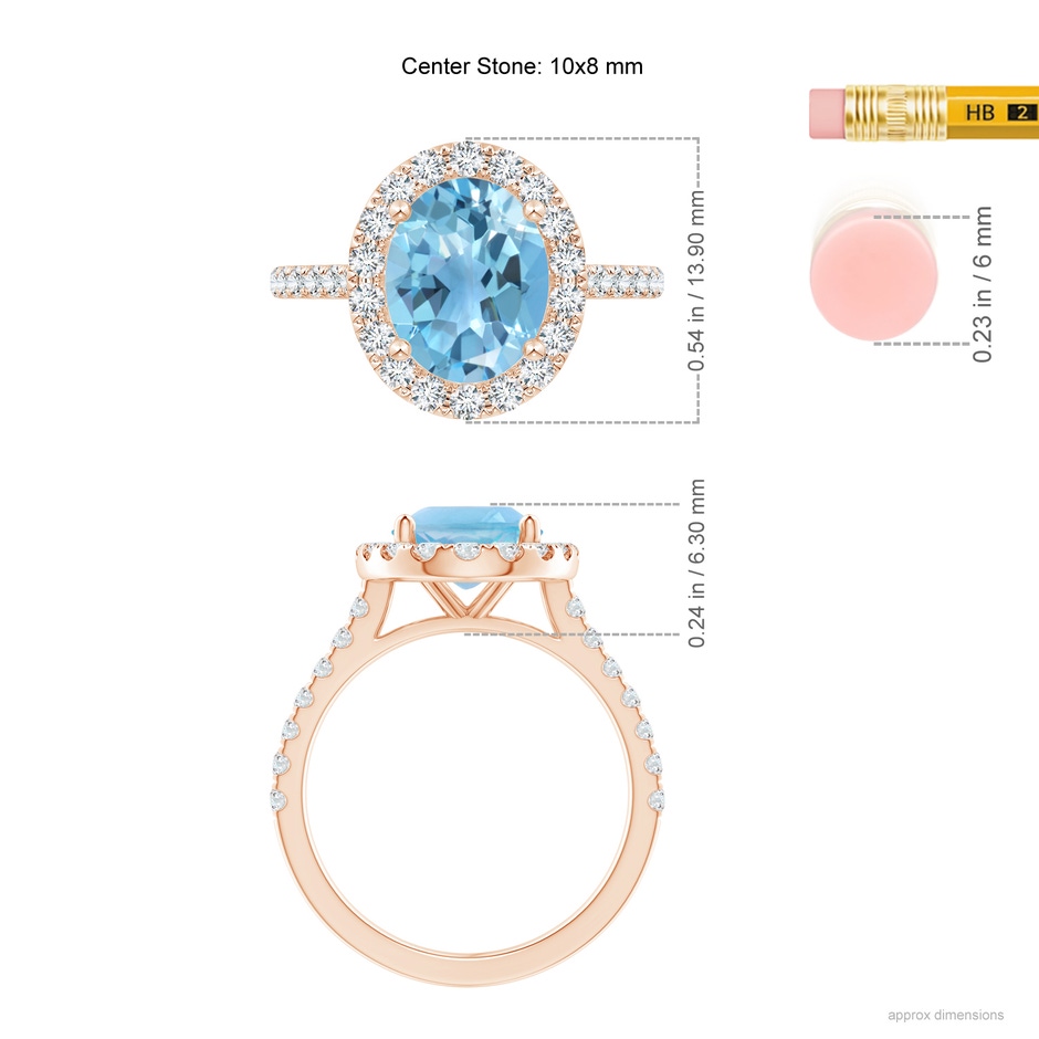 10x8mm A Prong-Set Oval Swiss Blue Topaz Halo Ring with Diamond Accents in 18K Rose Gold ruler