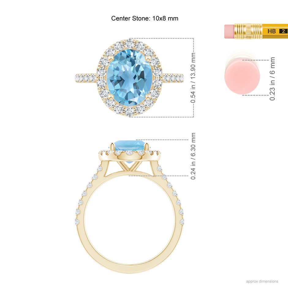 10x8mm A Prong-Set Oval Swiss Blue Topaz Halo Ring with Diamond Accents in 18K Yellow Gold ruler