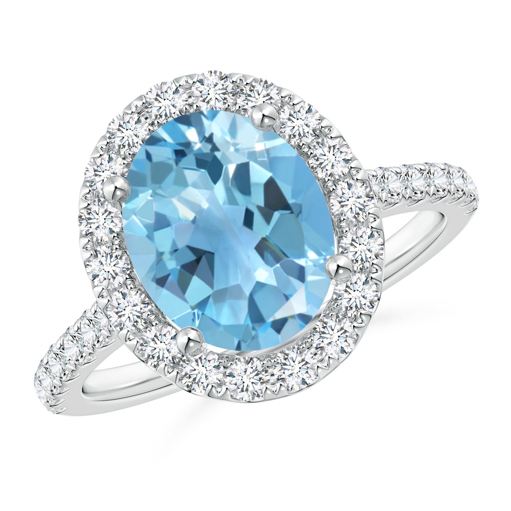 10x8mm A Oval Swiss Blue Topaz Halo Ring with Diamond Accents in White Gold