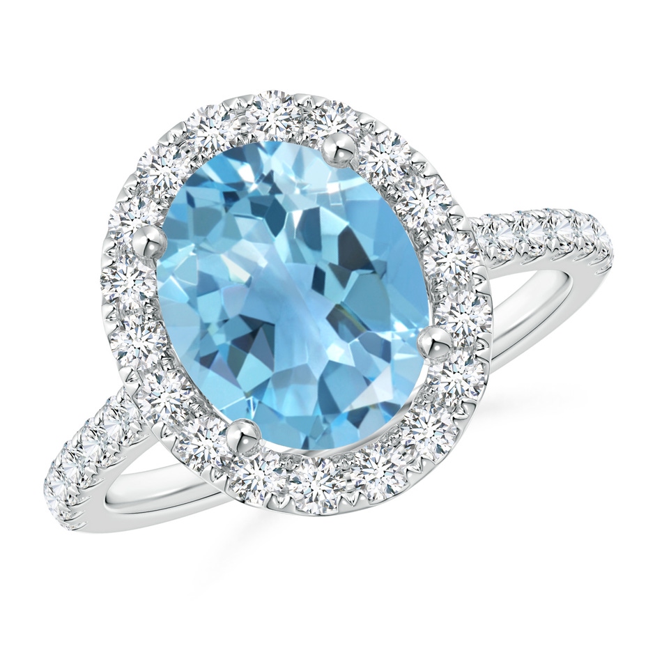 10x8mm A Prong-Set Oval Swiss Blue Topaz Halo Ring with Diamond Accents in White Gold 