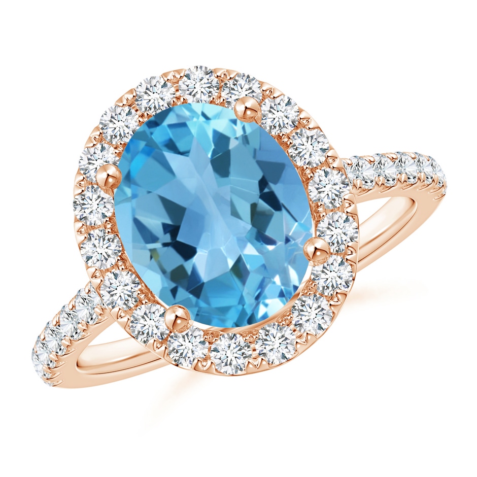 10x8mm AA Prong-Set Oval Swiss Blue Topaz Halo Ring with Diamond Accents in Rose Gold 