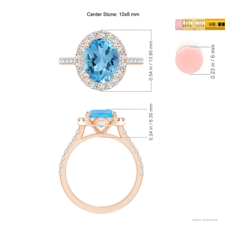 10x8mm AA Prong-Set Oval Swiss Blue Topaz Halo Ring with Diamond Accents in Rose Gold ruler