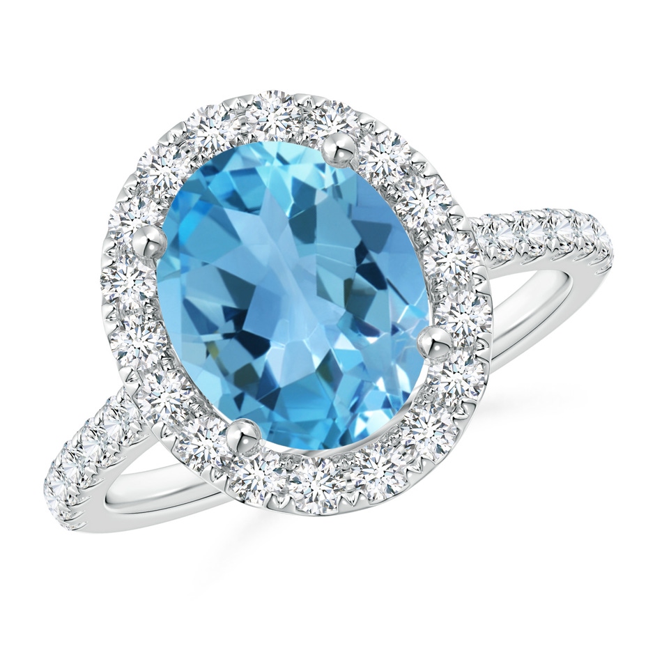 10x8mm AA Prong-Set Oval Swiss Blue Topaz Halo Ring with Diamond Accents in White Gold 