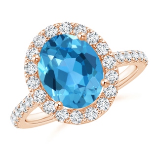 10x8mm AAA Oval Swiss Blue Topaz Halo Ring with Diamond Accents in Rose Gold