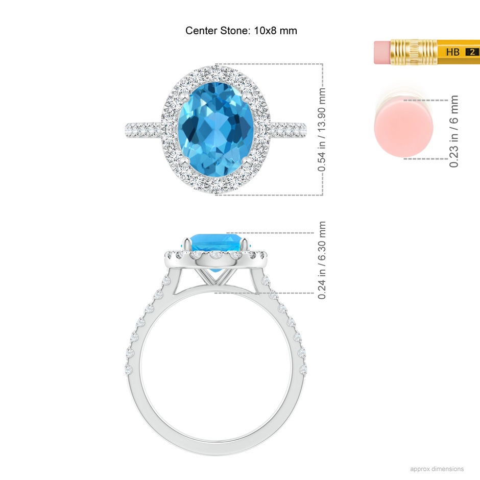 10x8mm AAA Oval Swiss Blue Topaz Halo Ring with Diamond Accents in White Gold ruler