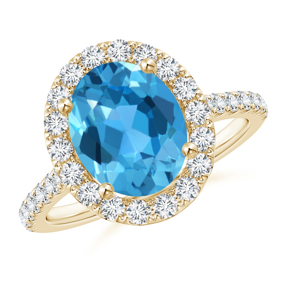 10x8mm AAA Prong-Set Oval Swiss Blue Topaz Halo Ring with Diamond Accents in Yellow Gold 