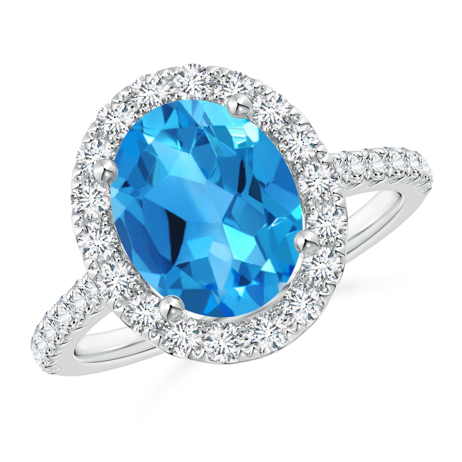 10x8mm AAAA Prong-Set Oval Swiss Blue Topaz Halo Ring with Diamond Accents in 18K White Gold