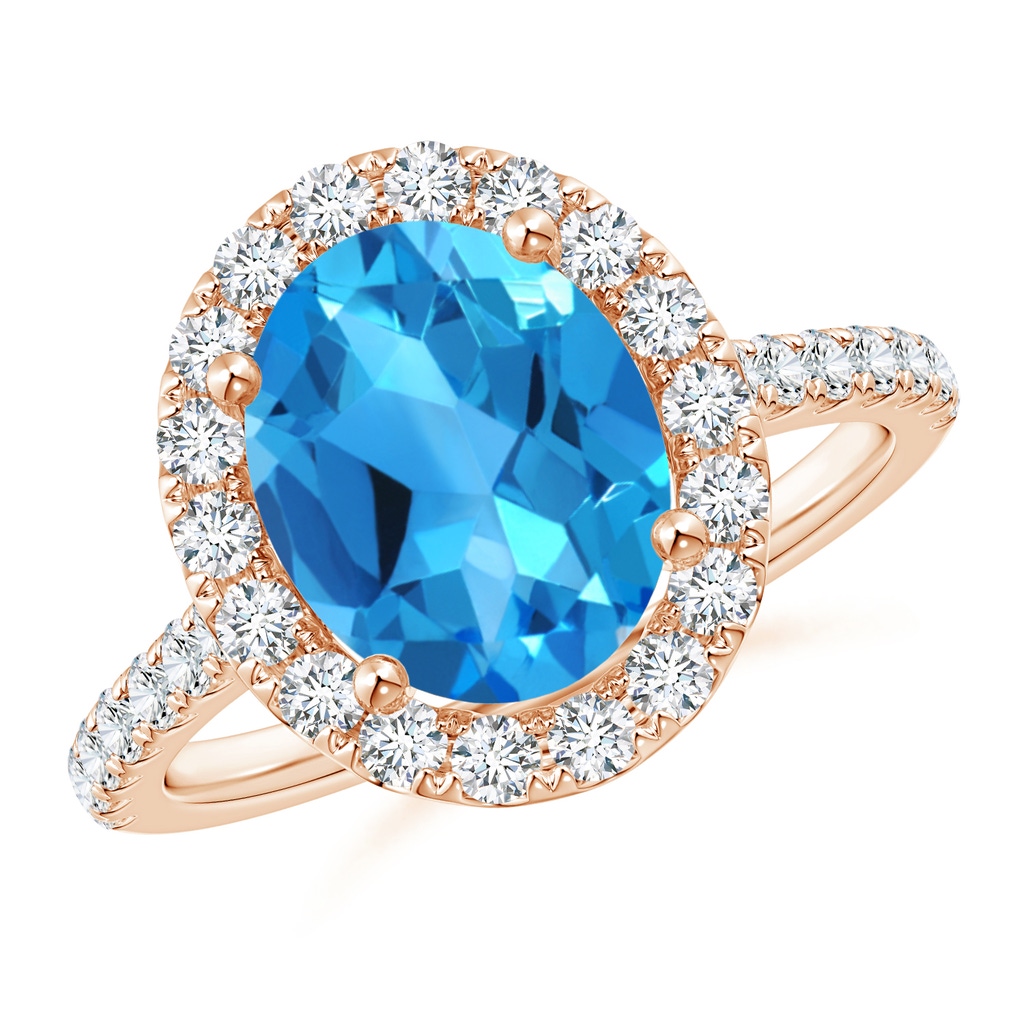 10x8mm AAAA Oval Swiss Blue Topaz Halo Ring with Diamond Accents in Rose Gold
