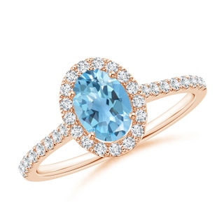 7x5mm A Oval Swiss Blue Topaz Halo Ring with Diamond Accents in 9K Rose Gold