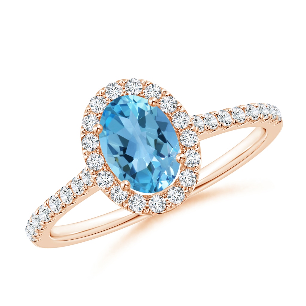 7x5mm AA Oval Swiss Blue Topaz Halo Ring with Diamond Accents in Rose Gold 