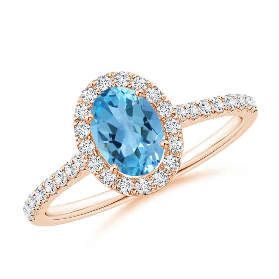 7x5mm AA Prong-Set Oval Swiss Blue Topaz Halo Ring with Diamond Accents in Rose Gold 