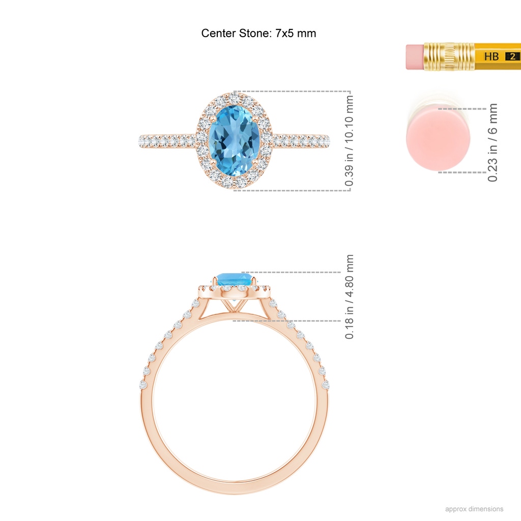 7x5mm AA Oval Swiss Blue Topaz Halo Ring with Diamond Accents in Rose Gold Ruler