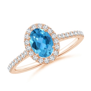 7x5mm AAA Oval Swiss Blue Topaz Halo Ring with Diamond Accents in 9K Rose Gold