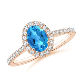 7x5mm AAAA Oval Swiss Blue Topaz Halo Ring with Diamond Accents in 9K Rose Gold