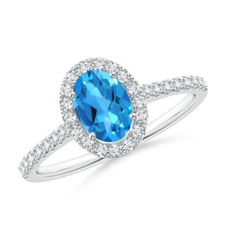 7x5mm AAAA Oval Swiss Blue Topaz Halo Ring with Diamond Accents in P950 Platinum