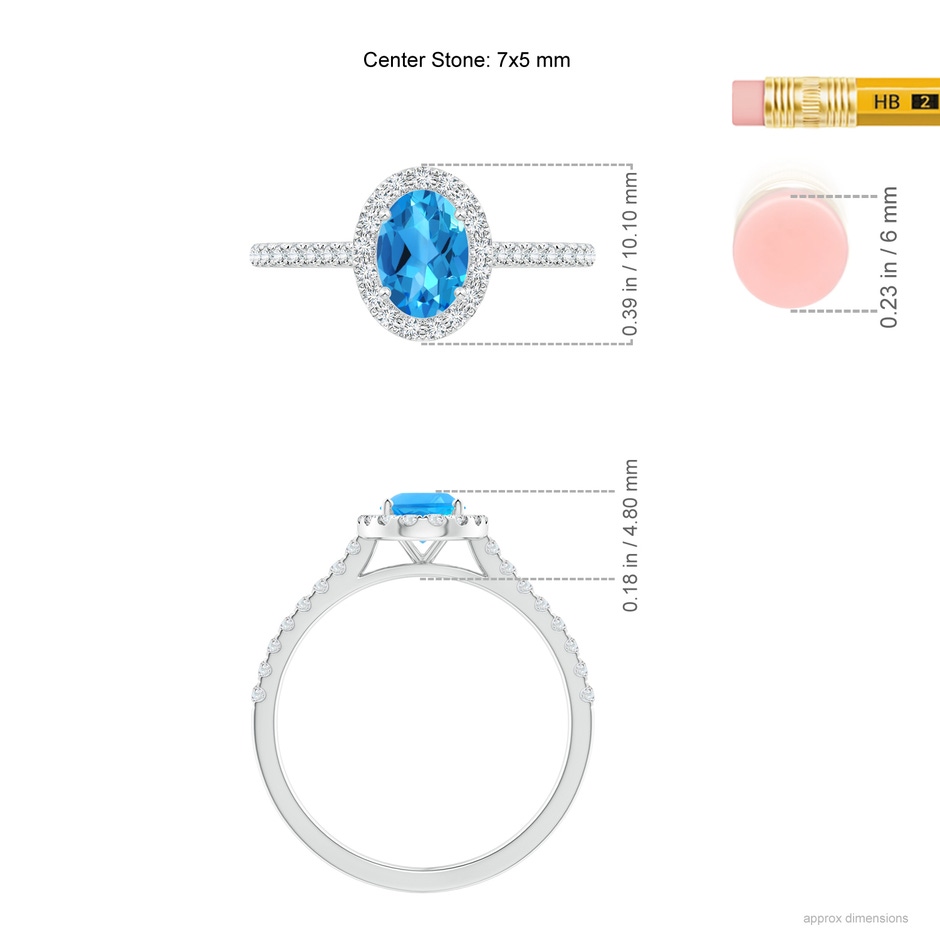 7x5mm AAAA Prong-Set Oval Swiss Blue Topaz Halo Ring with Diamond Accents in P950 Platinum ruler