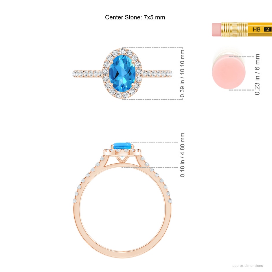 7x5mm AAAA Prong-Set Oval Swiss Blue Topaz Halo Ring with Diamond Accents in Rose Gold ruler