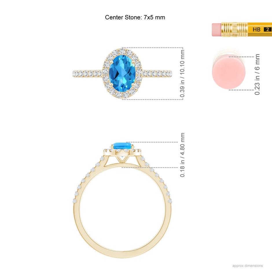 7x5mm AAAA Prong-Set Oval Swiss Blue Topaz Halo Ring with Diamond Accents in Yellow Gold ruler