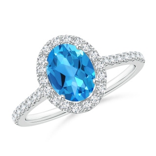 8x6mm AAAA Oval Swiss Blue Topaz Halo Ring with Diamond Accents in P950 Platinum