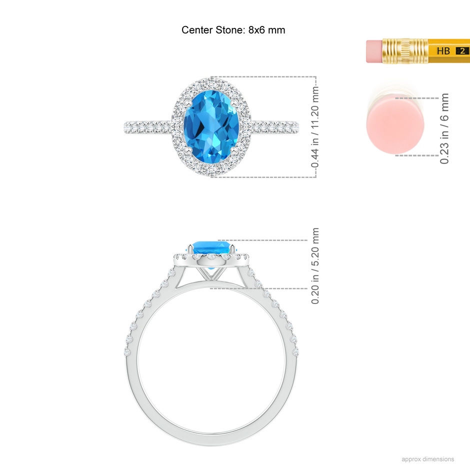 8x6mm AAAA Prong-Set Oval Swiss Blue Topaz Halo Ring with Diamond Accents in P950 Platinum ruler