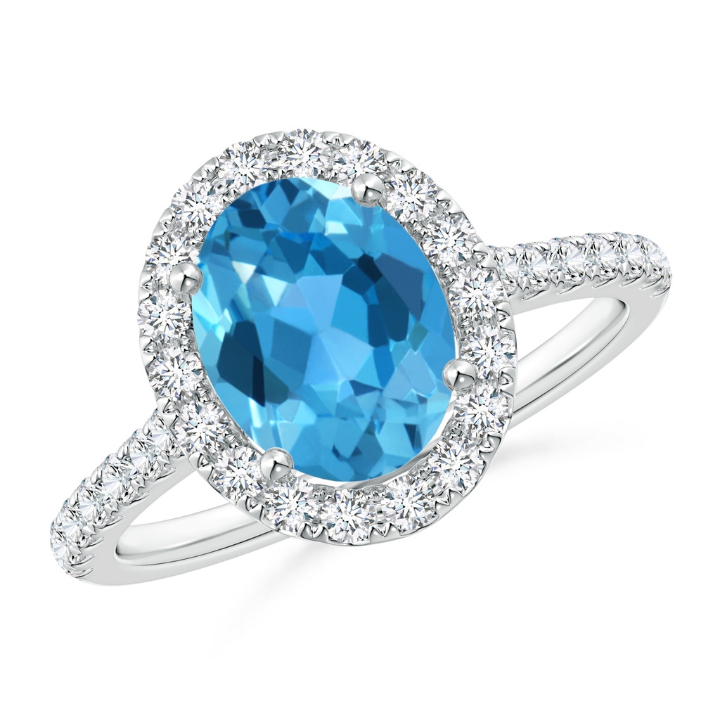 9x7mm AAA Oval Swiss Blue Topaz Halo Ring with Diamond Accents in White Gold