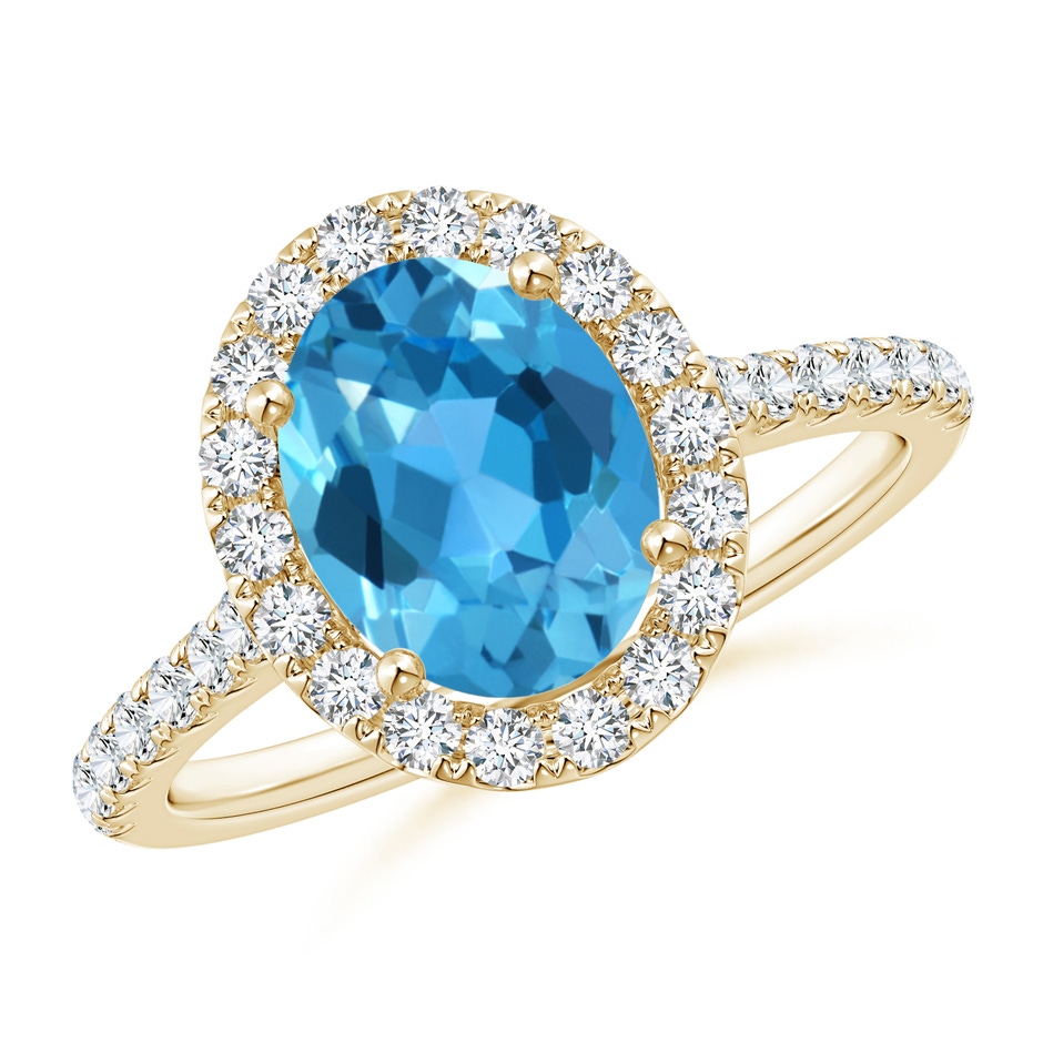 9x7mm AAA Oval Swiss Blue Topaz Halo Ring with Diamond Accents in Yellow Gold 