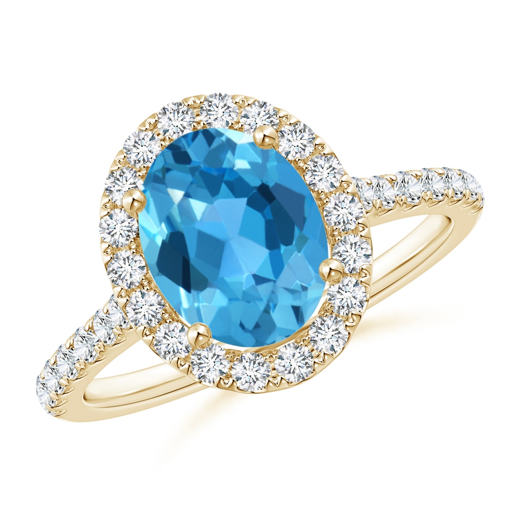 9x7mm AAA Oval Swiss Blue Topaz Halo Ring with Diamond Accents in Yellow Gold