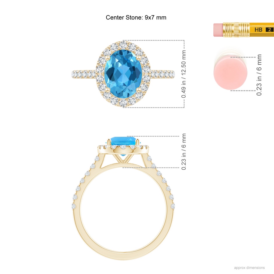 9x7mm AAA Oval Swiss Blue Topaz Halo Ring with Diamond Accents in Yellow Gold ruler