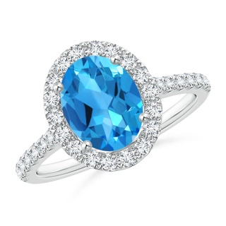 9x7mm AAAA Oval Swiss Blue Topaz Halo Ring with Diamond Accents in P950 Platinum