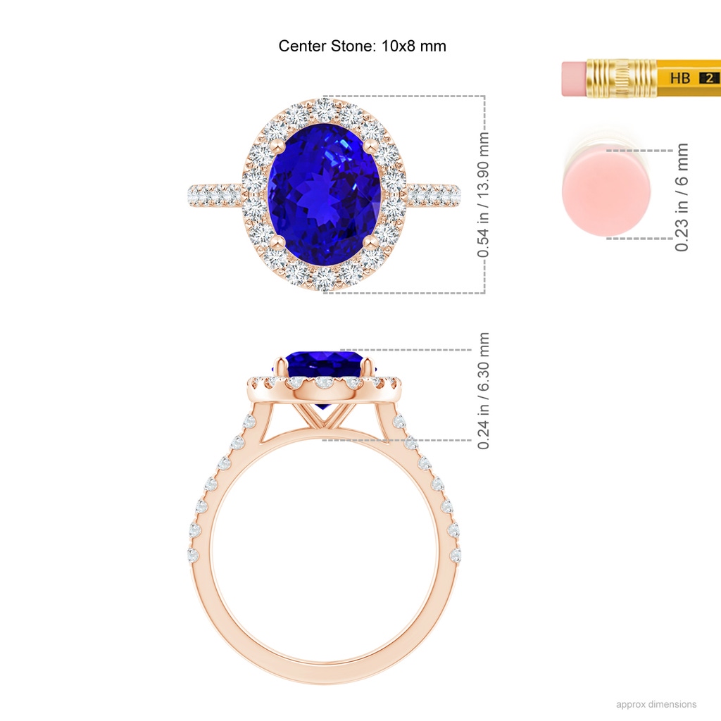 10x8mm AAAA Oval Tanzanite Halo Ring with Diamond Accents in Rose Gold Ruler