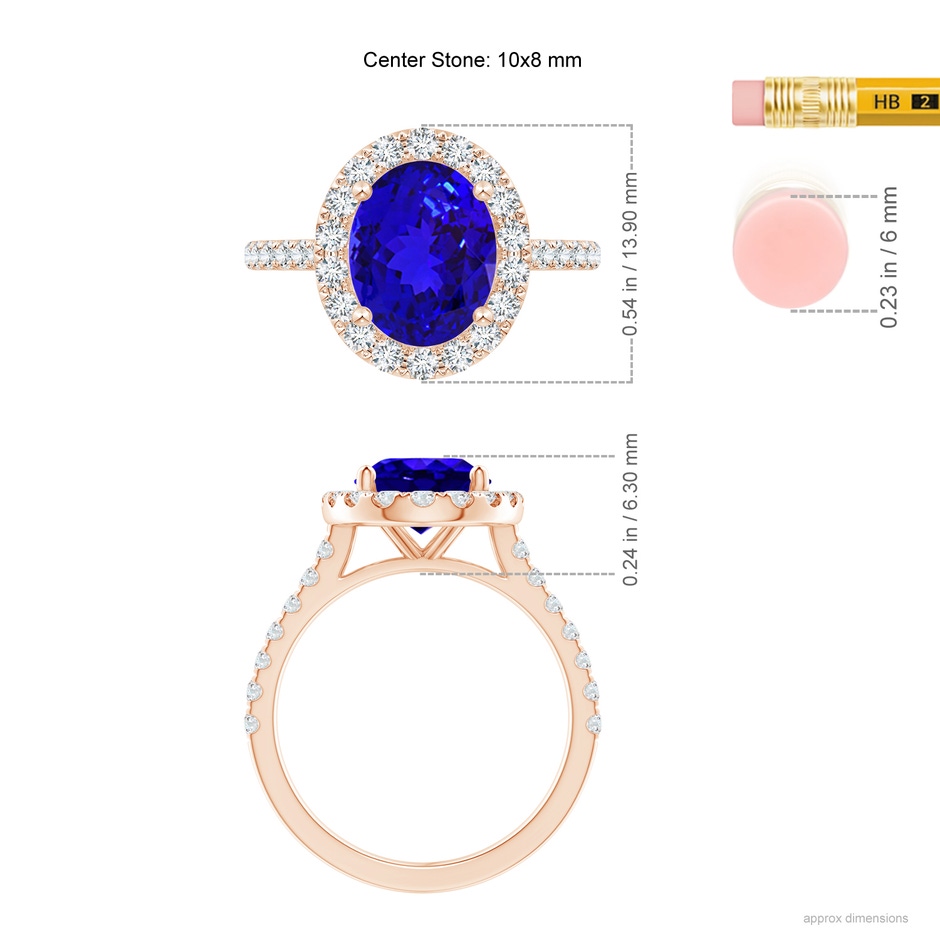 10x8mm AAAA Oval Tanzanite Halo Ring with Diamond Accents in Rose Gold ruler