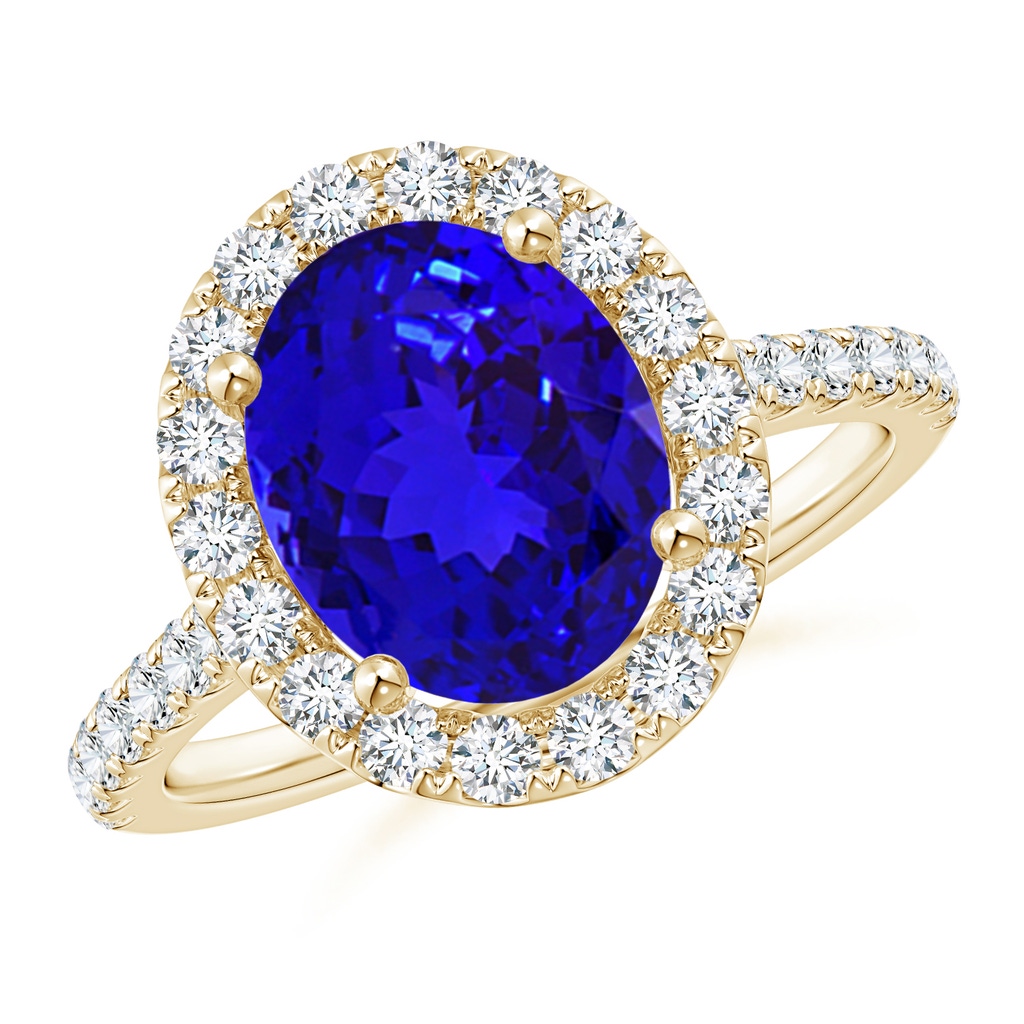 10x8mm AAAA Oval Tanzanite Halo Ring with Diamond Accents in Yellow Gold
