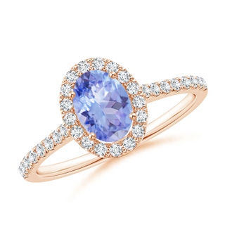 7x5mm A Oval Tanzanite Halo Ring with Diamond Accents in 9K Rose Gold