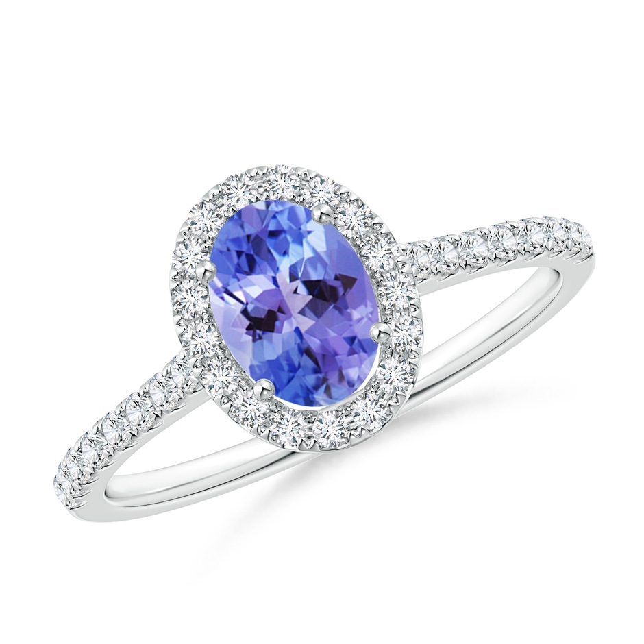 7x5mm AA Oval Tanzanite Halo Ring with Diamond Accents in White Gold 