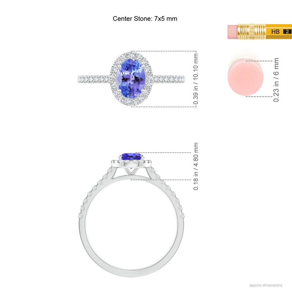 7x5mm AA Oval Tanzanite Halo Ring with Diamond Accents in White Gold ruler