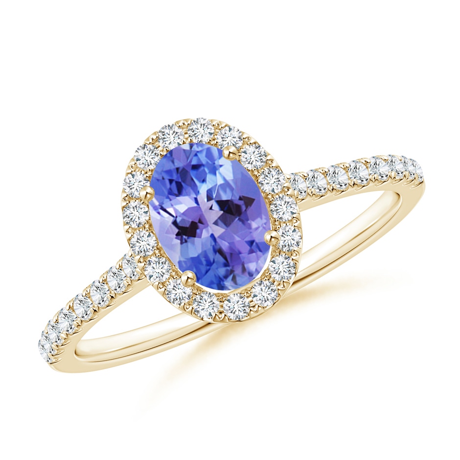 7x5mm AA Oval Tanzanite Halo Ring with Diamond Accents in Yellow Gold 