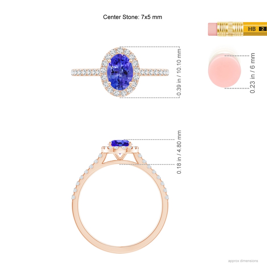 7x5mm AAA Oval Tanzanite Halo Ring with Diamond Accents in Rose Gold ruler