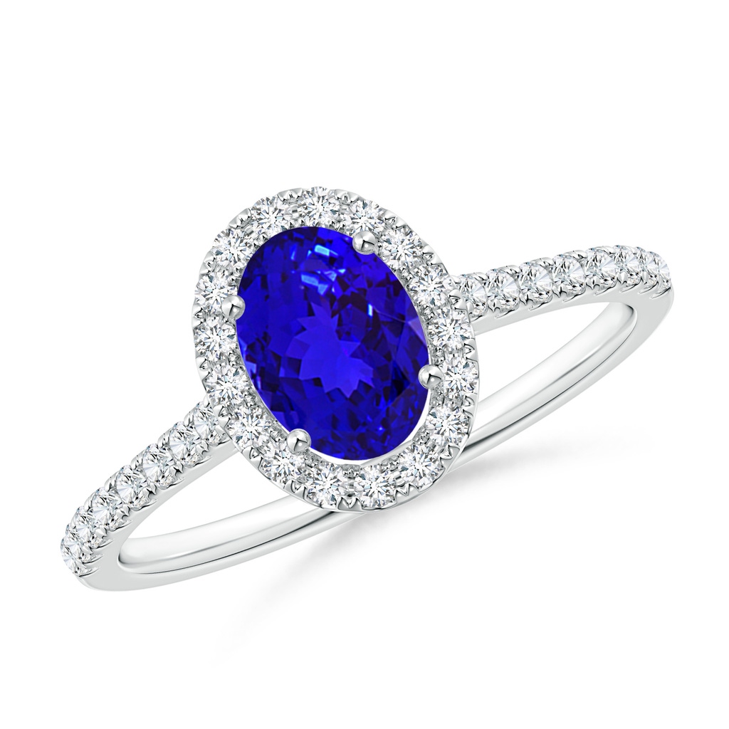 7x5mm AAAA Oval Tanzanite Halo Ring with Diamond Accents in White Gold