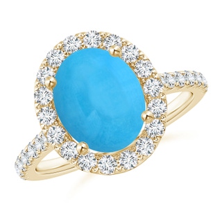 10x8mm AAA Oval Turquoise Halo Ring with Diamond Accents in Yellow Gold