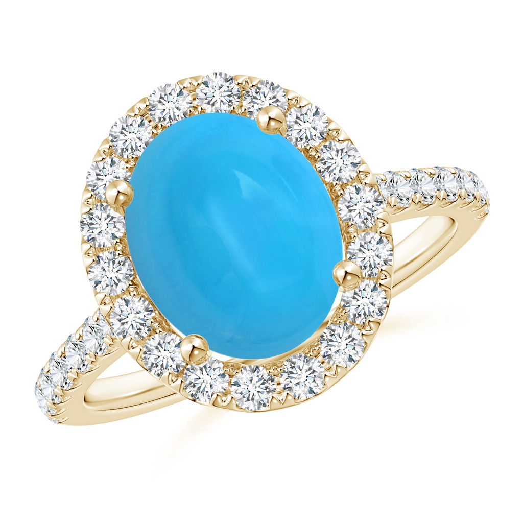 10x8mm AAAA Oval Turquoise Halo Ring with Diamond Accents in Yellow Gold