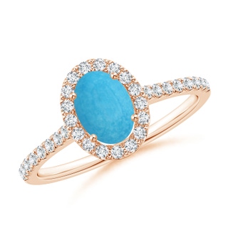 7x5mm A Oval Turquoise Halo Ring with Diamond Accents in Rose Gold