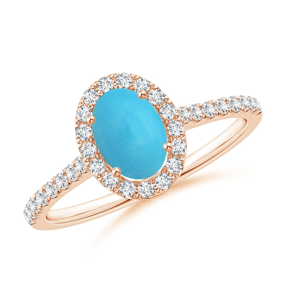 7x5mm AA Oval Turquoise Halo Ring with Diamond Accents in Rose Gold 