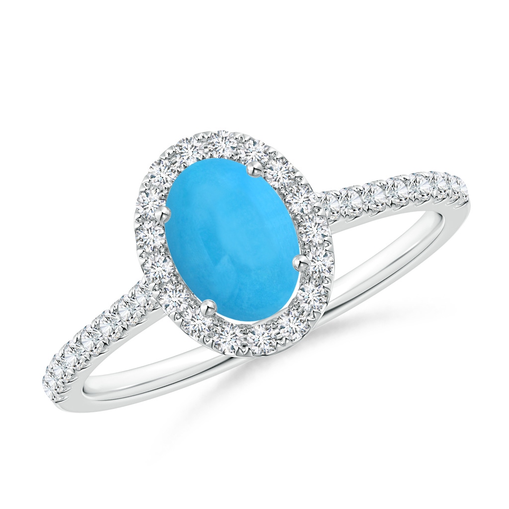 7x5mm AAA Oval Turquoise Halo Ring with Diamond Accents in White Gold