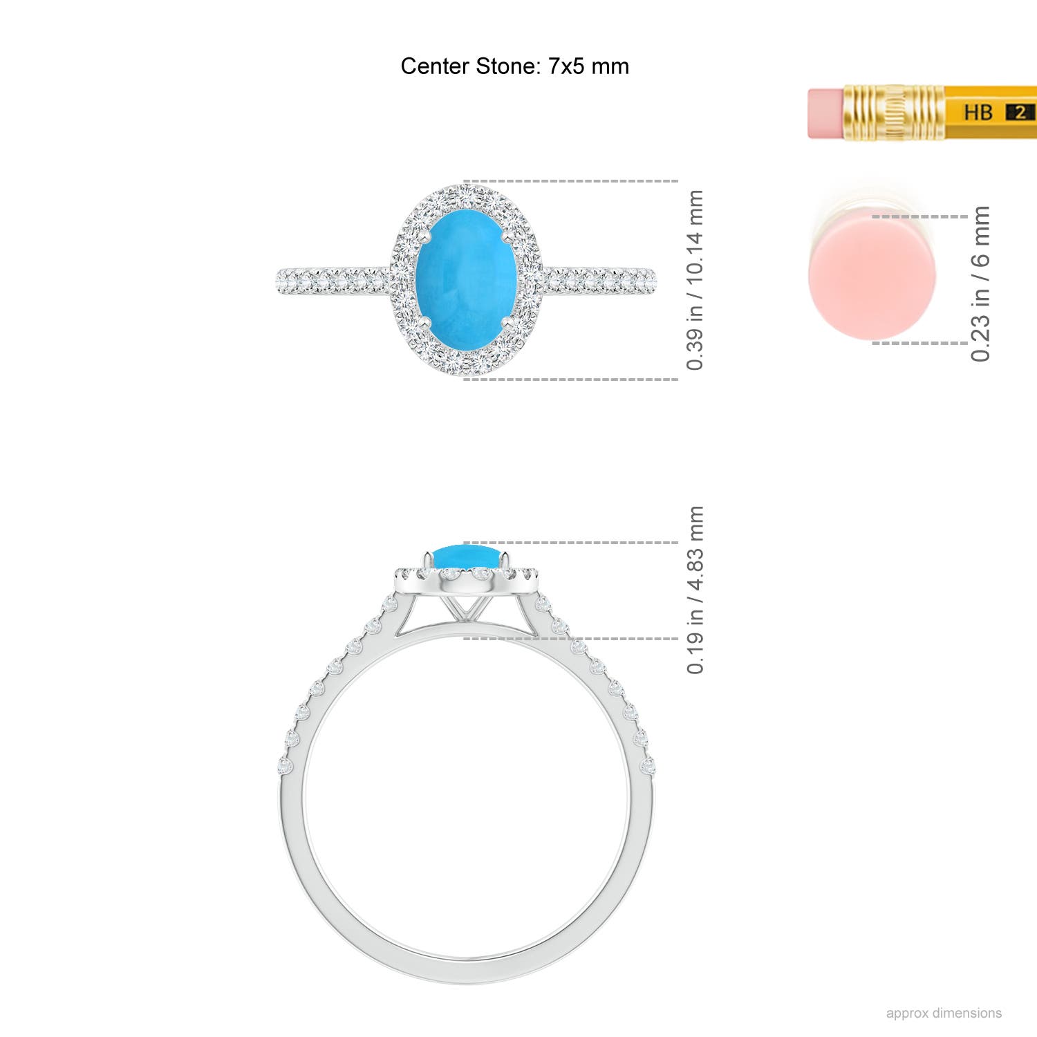7x5mm AAA Oval Turquoise Halo Ring with Diamond Accents in White Gold - ruler