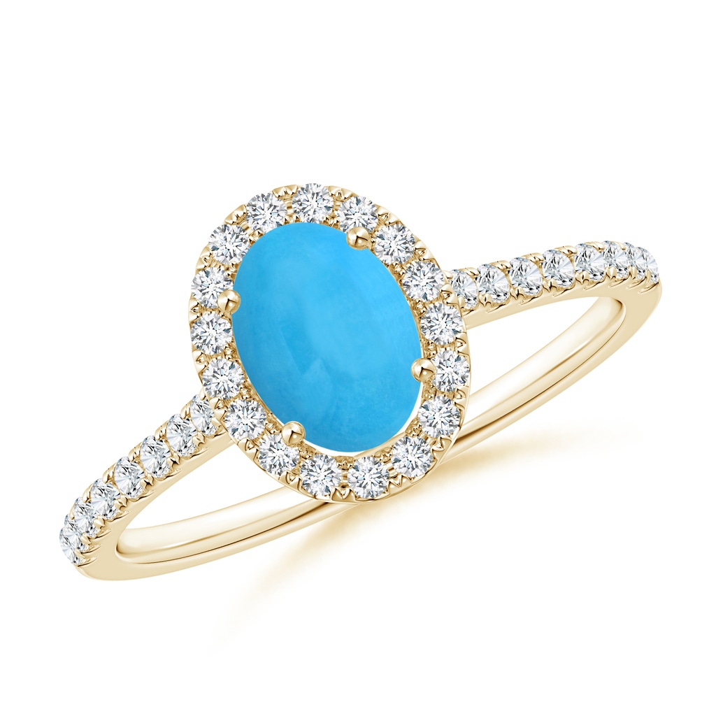 7x5mm AAA Oval Turquoise Halo Ring with Diamond Accents in Yellow Gold