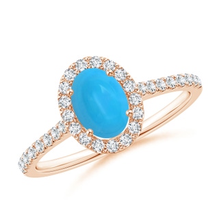 7x5mm AAAA Oval Turquoise Halo Ring with Diamond Accents in Rose Gold