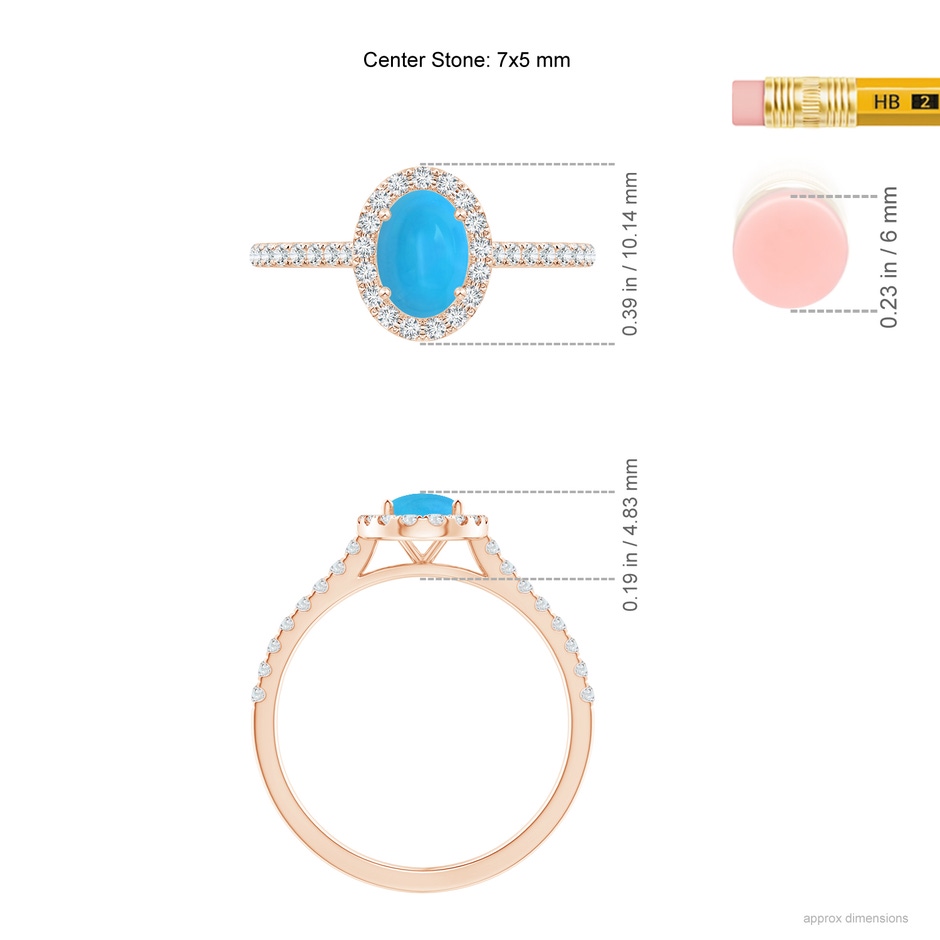 7x5mm AAAA Oval Turquoise Halo Ring with Diamond Accents in Rose Gold ruler